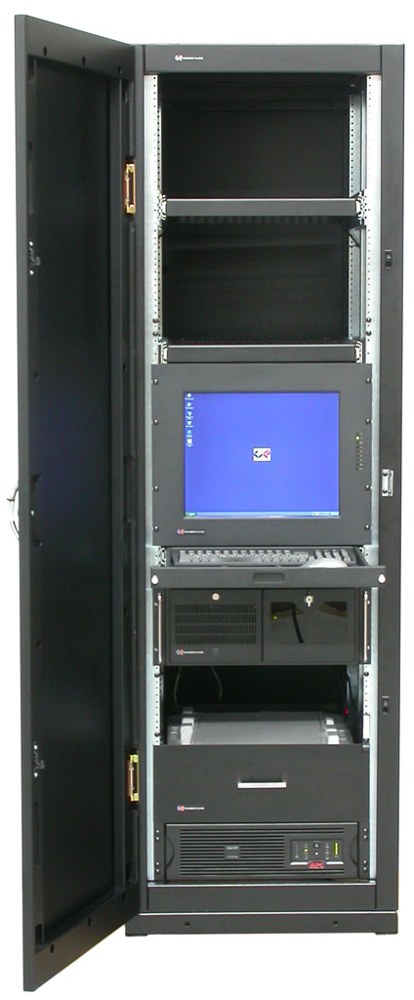An open server rack with a display and rack-mounted computers